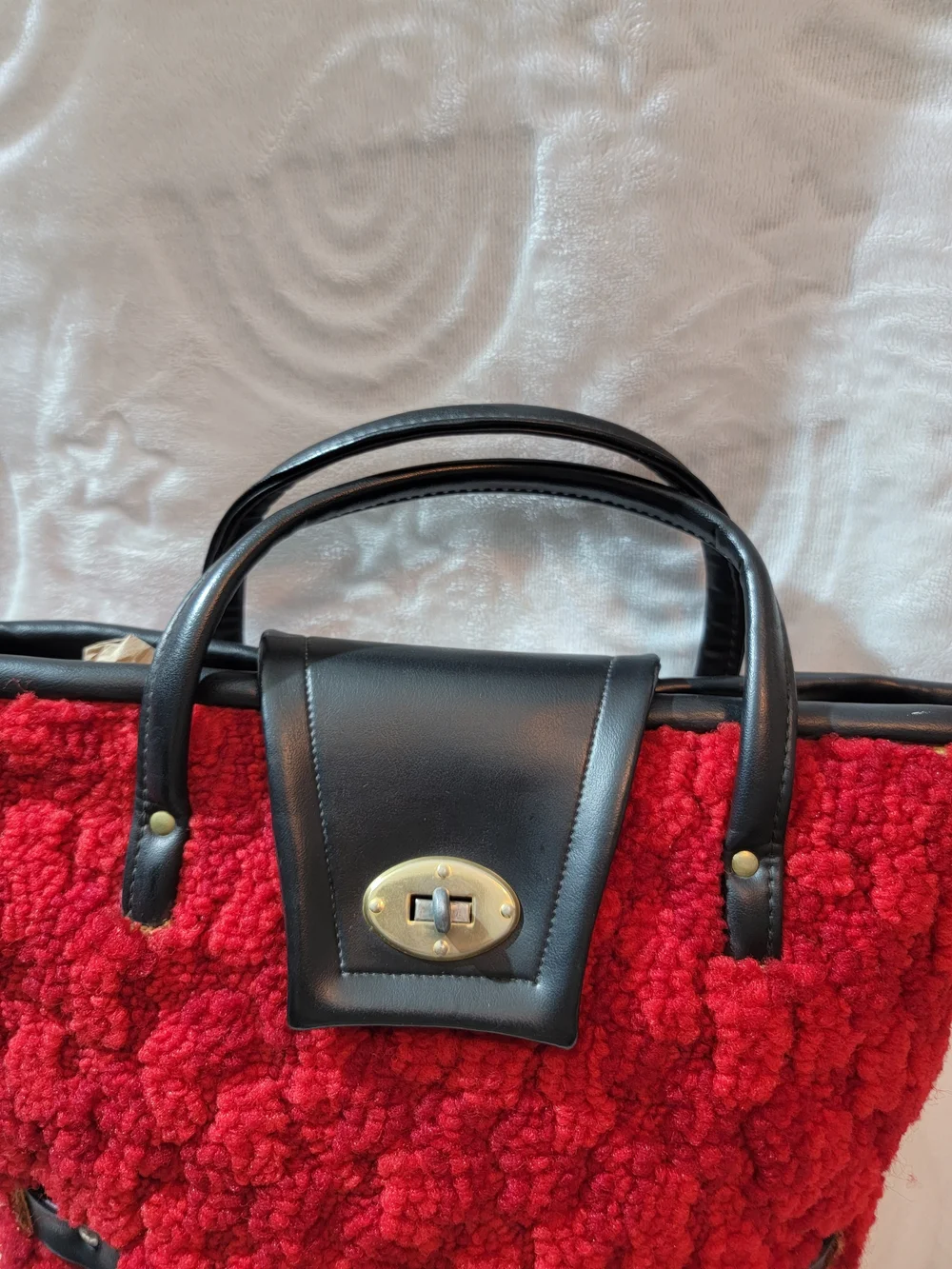 Vintage 60's Carpet Red Faux Shearling  Bag with Black Trim